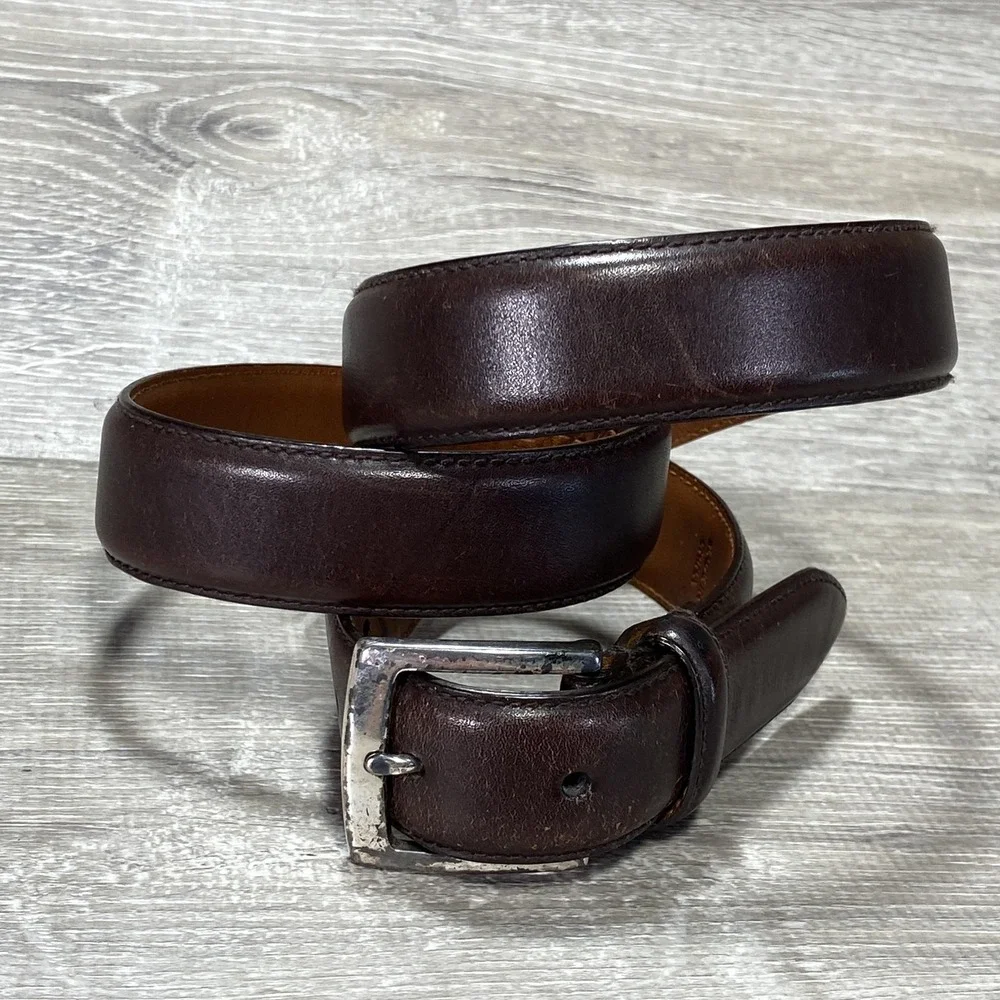 Brooks Brothers 346 Belt Mens Brown Genuine Leather Silver Buckle Classic Brass